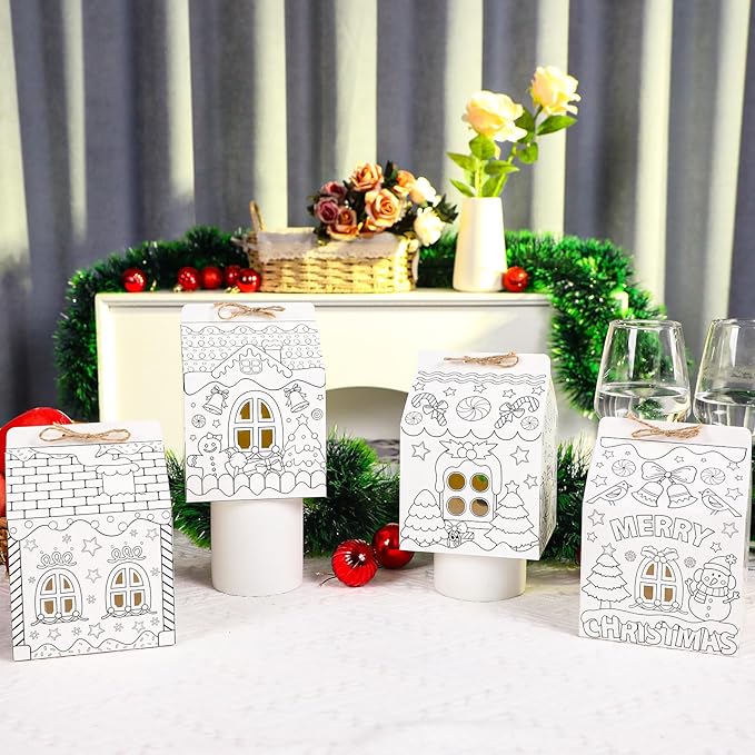 24 Set Gingerbread Paper Coloring Houses DIY Craft Color Your Own Cardboard House Personalize a Cardboard House Christmas Holiday Party Favor Gifts for Classroom Home 5.31x4.33x4.33In (White)