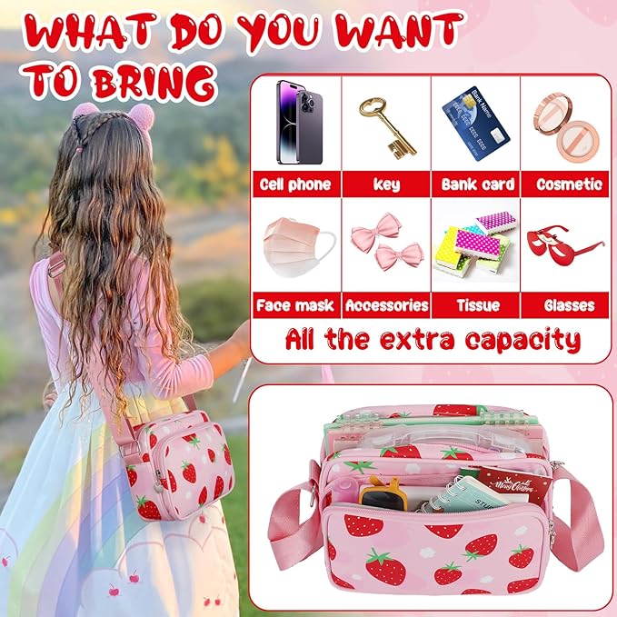 Strawberry Purse for Girls, Cute Crossbody Purse, Birthday Christmas Gifts for 6 8 10 12 Year Old Girls