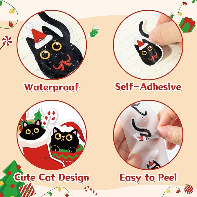 CNhoqc Christmas Black Cat Stickers - 2000Pcs (4 Rolls) Vibrant Christmas Cat Stickers Santa Hat Tree String Light Waterproof Vinyl Decals Gift Wrapping Laptop Party Supplies Travel Case Skateboards