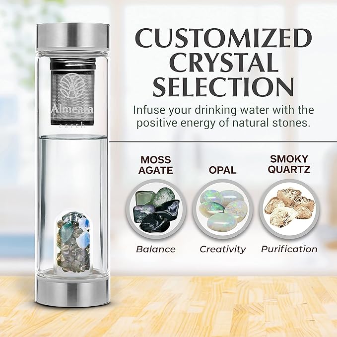 Almeara Crystal Water Bottle with Authentic Moss Agate, Opal Stones & Smoky Quartz Removable Gemstones, Loose Leaf Tea Infuser - Relaxation, Healing & Spiritual Gifts for Women - Witchcraft Supplies