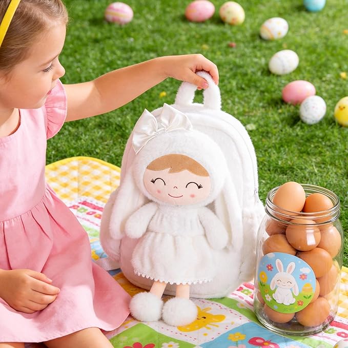 Gloveleya Toddler Backpack Plush Bag with White Bunny Detachable Design 11-inch Gift for Girl