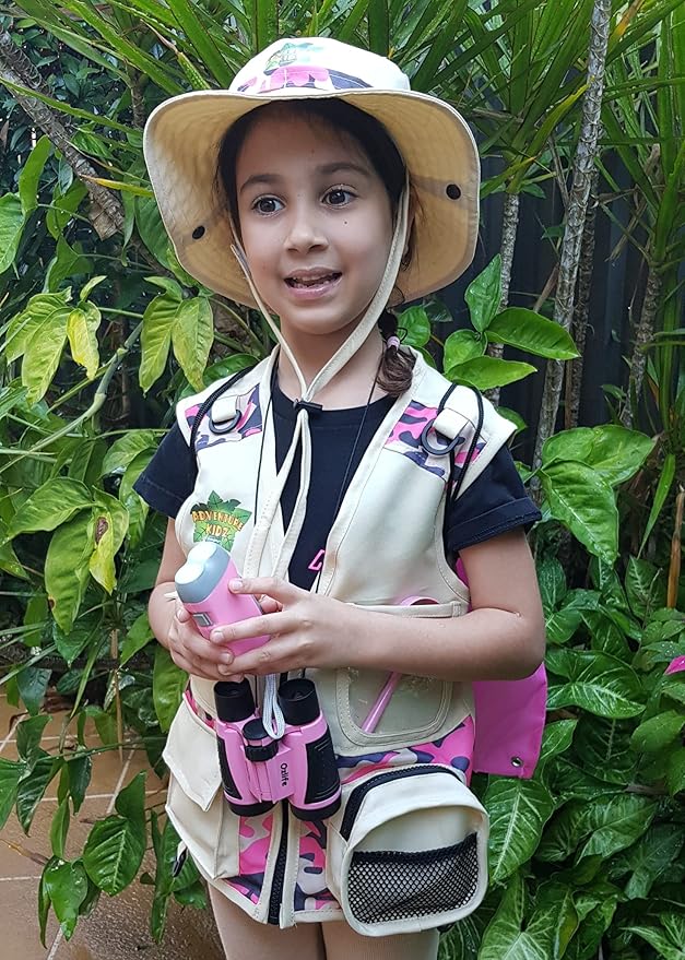 Safari Kidz Outdoor Explorer Kit - Orange and Pink Camouflage Cargo Vest and Hat Set, Backyard Nature Adventures, Washable Costume for children, Bundle (4 items)