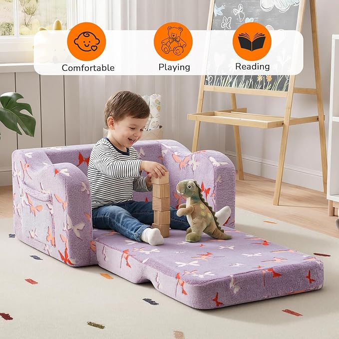 MeMoreCool Glowing Butterfly Kids Chair, 2-in-1 Foldable Kids Couch for Girls, Glow-in-the-Dark Lavender Sofa with Fold-Out Lounger, Soft Foam Kids Furniture for Playroom Nursery, Washable Cover | Reading, Relaxing
