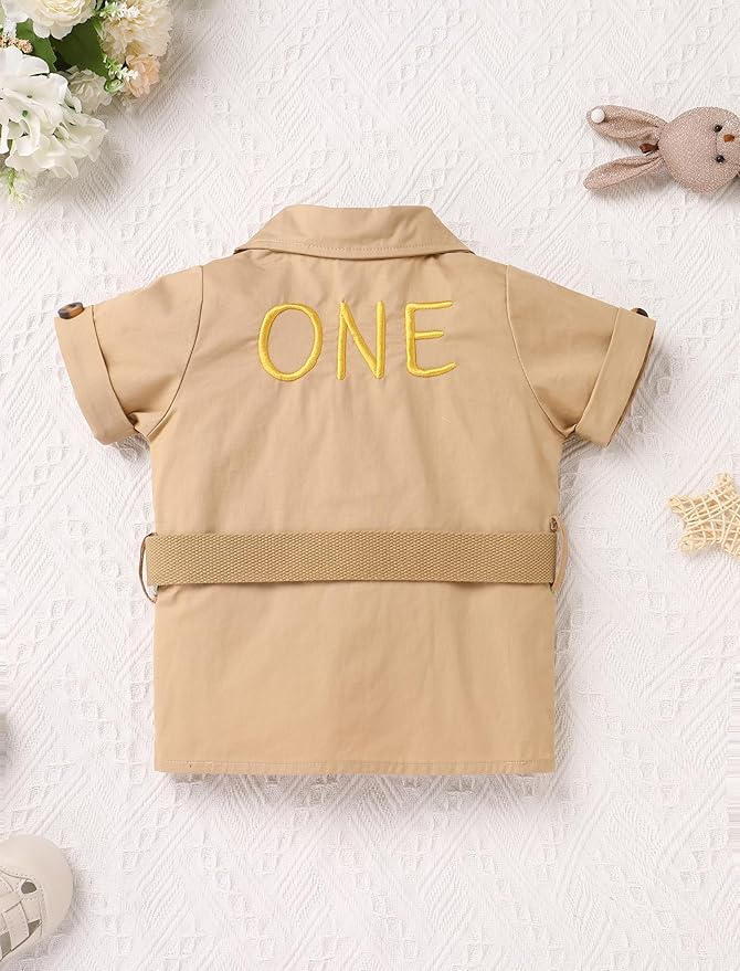 ODASDO Baby Boy Jungle Safari 1st Birthday Cake Smash Outfit Button Down Shirt + Shorts + Hat + Bandana + Belt 5pcs Set