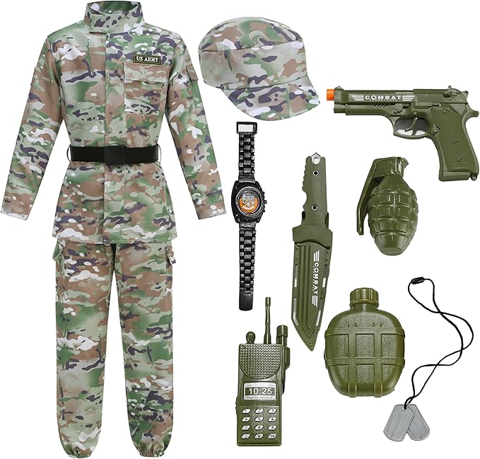 GRAJTCIN Kids Army Costume Long sleeve Halloween Party Military Soldier Dress Up Boys Costume for 4-14Y 11 PCS