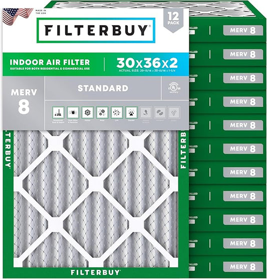 Filterbuy 30x36x2 Air Filter MERV 8 Essential Dust & Allergy Defense (12-Pack), Electrostatic Pleated HVAC AC Furnace Filters Replacement (Actual Size: 29.81 x 35.81 x 1.75)