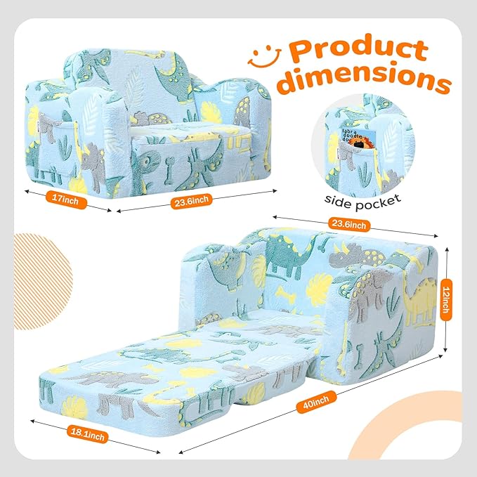 MeMoreCool Glowing Dinosaur Kids Chair, 2-in-1 Convertible Kids Couch Fold Out to Lounger, Glow-in-the-Dark Dino Sofa for Boys Ages 1-3, Soft Foam Flip-Out Seat with Washable Cover, Sky Blue | Reading, Relaxing