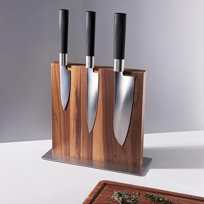 Navaris Magnetic Wooden Knife Block - Kitchen Storage with Strong Magnets for Knives & Utensils - Simple Modern Utensil Holder in Walnut Wood - 8.9" x 8.7"