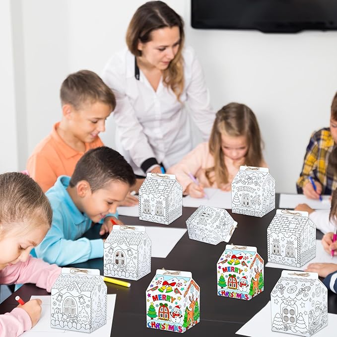 24 Set Gingerbread Paper Coloring Houses DIY Craft Color Your Own Cardboard House Personalize a Cardboard House Christmas Holiday Party Favor Gifts for Classroom Home 5.31x4.33x4.33In (White)