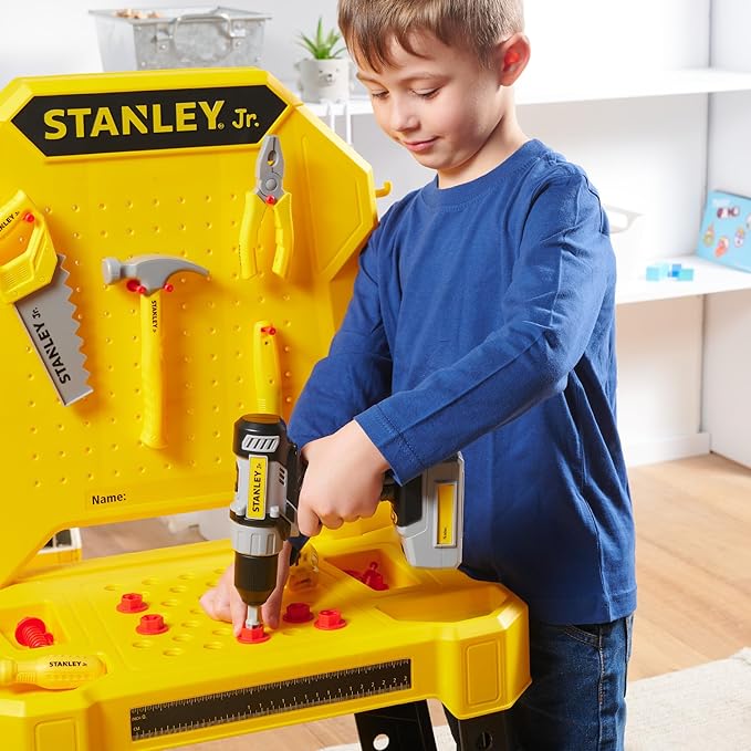 Stanley Jr. Pretend Play Kids Tool Bench with Toolset and Improved Power Drill 140 PCS Realistic DIY Workshop for Kids Ages 3+ Includes Ear Muffs Measuring Tape Tools & Accessories