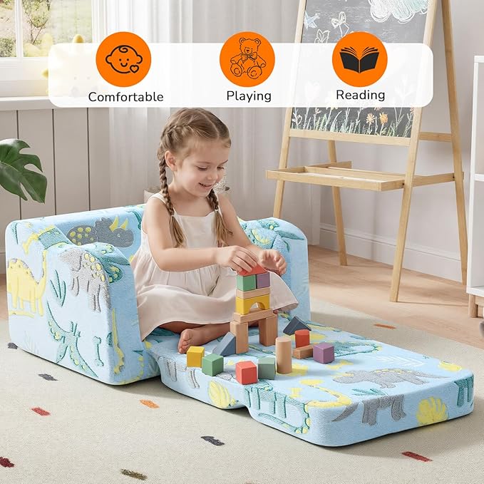 MeMoreCool Glowing Dinosaur Kids Chair, 2-in-1 Convertible Kids Couch Fold Out to Lounger, Glow-in-the-Dark Dino Sofa for Boys Ages 1-3, Soft Foam Flip-Out Seat with Washable Cover, Sky Blue | Reading, Relaxing