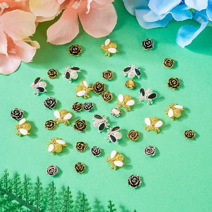 60Pcs Y2K Nail Charms Antique 3D Alloy Rose Bee Nail Cabochons Nails Art Charms Flower Nails Stickers Enamel Bee Charm for Women DIY Manicures Crafts Jewelry Making