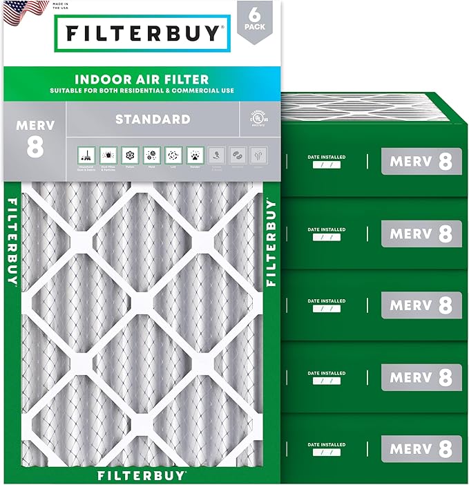 Filterbuy 12x24x4 Air Filter MERV 8 Essential Dust & Allergy Defense (6-Pack), Electrostatic Pleated HVAC AC Furnace Filters Replacement (Actual Size: 11.50 x 23.38 x 3.63)