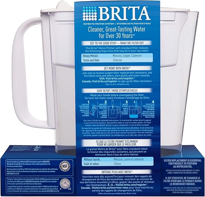 Brita Water Filter Pitcher for Tap and Drinking Water with 1 Standard Filter, Lasts 2 Months, 6-Cup Capacity, BPA Free, White