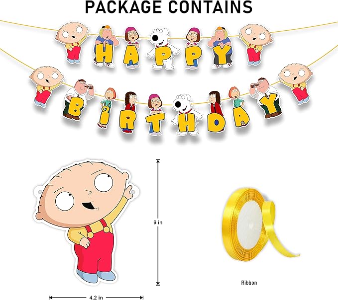 Stewie Grifin Happy Birthday Banner – Animated Character Theme Birthday Decoration Banner for Indoor Party Setup, Wall Hanging Display, Dessert Table Background, Photo Booth Backdrop.