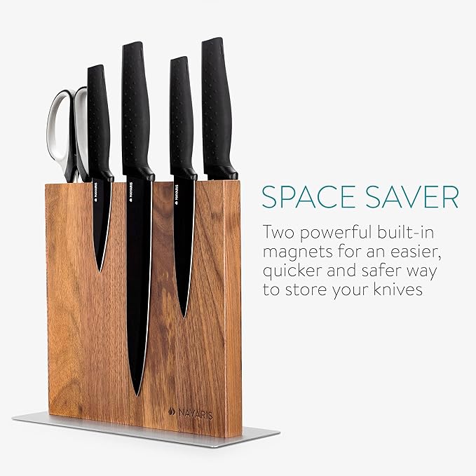 Navaris Magnetic Wooden Knife Block - Kitchen Storage with Strong Magnets for Knives & Utensils - Simple Modern Utensil Holder in Walnut Wood - 8.9" x 8.7"