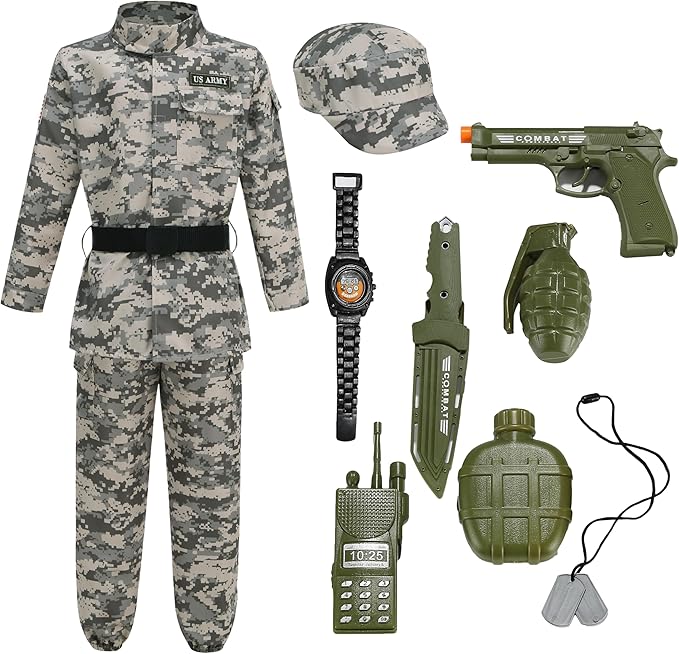 GRAJTCIN Kids Army Costume Long sleeve Halloween Party Military Soldier Dress Up Boys Costume for 4-14Y 11 PCS