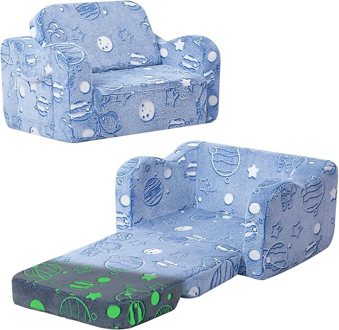 MeMoreCool Glowing Astronaut Planet Kids Chair, 2-in-1 Glow-in-the-Dark Space Kids Couch Fold Out to Lounger, Comfy Foam Sofa for Boys Ages 1-3, Convertible Recliner with Washable Cover | Reading, Relaxing