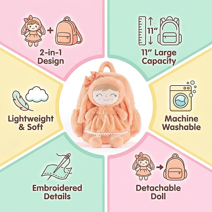 Gloveleya Back to School Gifts for Girls Toddler Backpack Plush Bag with Detachable Orange Rabbit 11 Inches Gift for Baby Girl Aged 2+