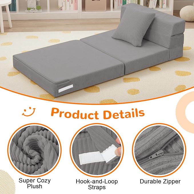MeMoreCool Folding Sofa for Kids, Corduroy Fold Out Futon Chair, Small Foldable Floor Mattress, Portable Children Couch Sofa, Light Grey
