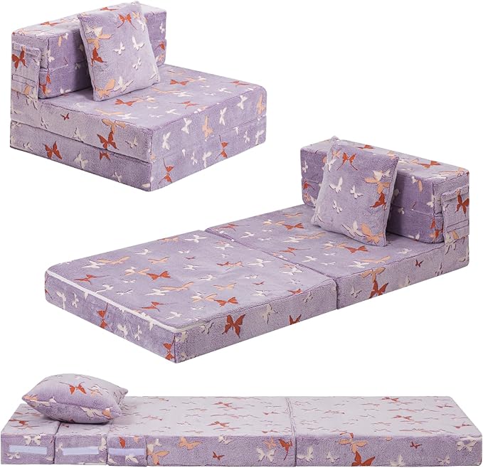 MeMoreCool Foldable Futon Chair Bed for Kids, Glow Tri-fold Sofa Bed Convertible Toddler Sofa Mattress, Foam Floor Couch for Sitting, Purple