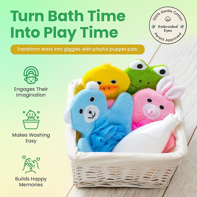 Made Easy Kit Hand Puppet Bath Wash Mitt Towel with Animal Designs with Loofahs for Fun Interactive Bathing Time (Green Yellow Pink Blue)