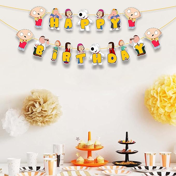 Stewie Grifin Happy Birthday Banner – Animated Character Theme Birthday Decoration Banner for Indoor Party Setup, Wall Hanging Display, Dessert Table Background, Photo Booth Backdrop.