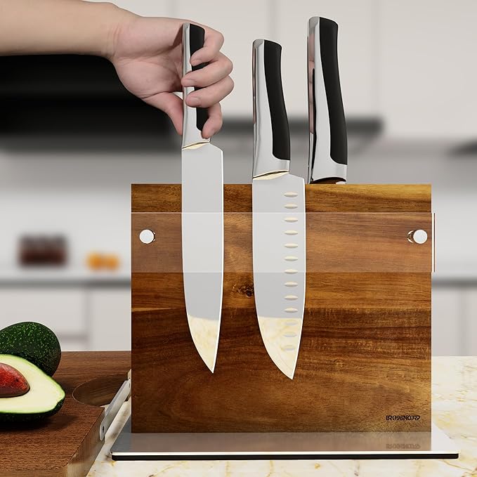 Acacia Magnetic Knife Block Double-Sided for Kitchen Counter Top - Heavy Duty Base & Shatter-Resistant Acrylic Shield, Holds 10-12 Knives, Space Saving Organizer (No Knives Included)