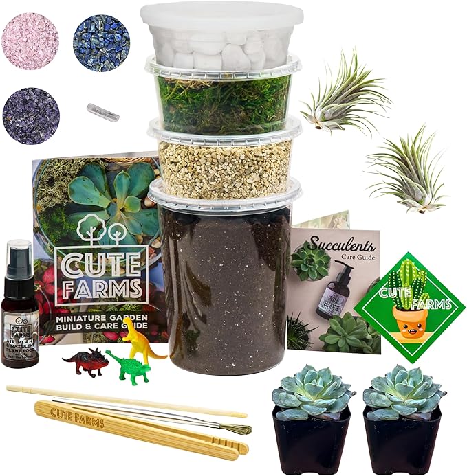 Cute Farms Terrarium Starter Kit | Moss, Vermiculite, Soil, Pebbles, Plant Food, & Finishing Tools (Large Kit + Live Plants + Crystals)