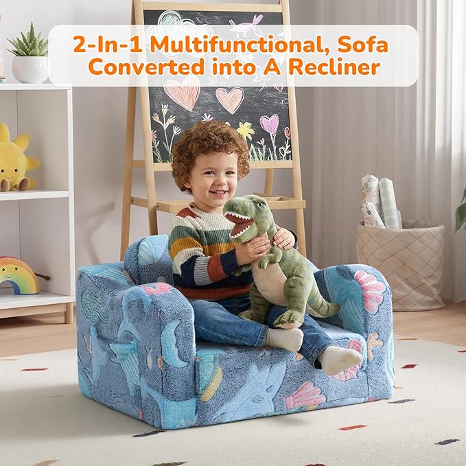 MeMoreCool Glowing Ocean Kids Chair - Glow-in-the-Dark 2-in-1 Kids Couch Fold Out to Lounger, Sea Life Foam Sofa with Seahorse Starfish Shell Print, Washable Cover for Ages 1-3 | Reading, Relaxing
