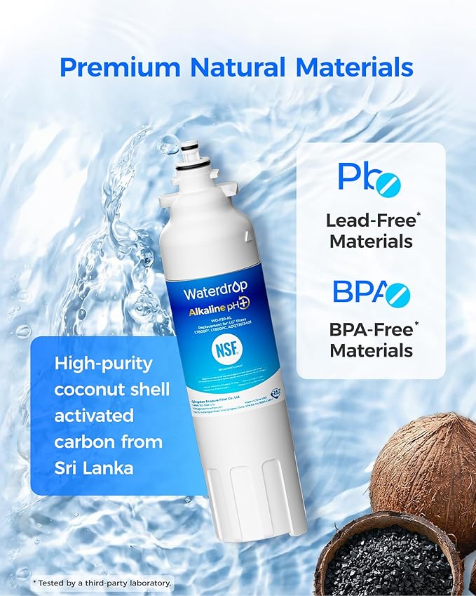 Waterdrop 𝐀𝐥𝐤𝐚𝐥𝐢𝐧𝐞 ADQ73613401 Water Filter, 𝐄𝐧𝐡𝐚𝐧𝐜𝐞𝐬 𝐩𝐇, Replacement for LG® LT800P®, ADQ73613402, ADQ75795104, LSXS26326S, LMXC23746S, LSXS26366S, LSXS26386D, 6 Filters