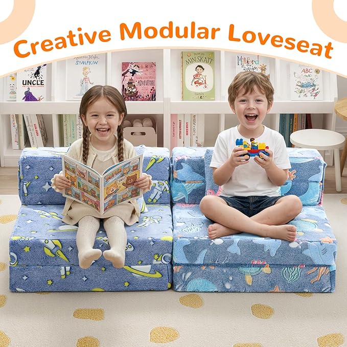 MeMoreCool Foldable Futon Chair Bed for Kids, Glow Tri-fold Sofa Bed Convertible Toddler Sofa Mattress, Foam Floor Couch for Sitting, Blue