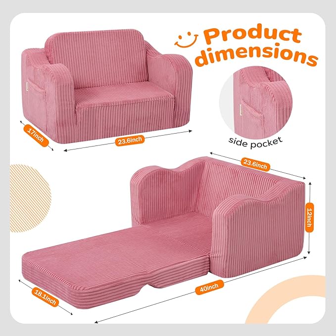 MeMoreCool Corduroy Pink Kids Chair, 2-in-1 Kids Couch Fold Out to Lounger for Girls, Comfy Foam Sofa for 1-3 Year Old with Washable Cover for Playroom and Bedroom | Playroom Seating