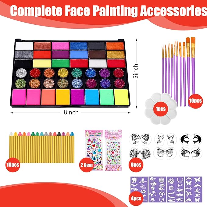 Face Painting Kit for Kids, Professional Face Paint Kit, 42 Colors Washable Facepaint Makeup Kit, Non-Toxic Face Paint with Stencils, Gems, Brushes for Halloween, Party, Birthdays, Carnival, School