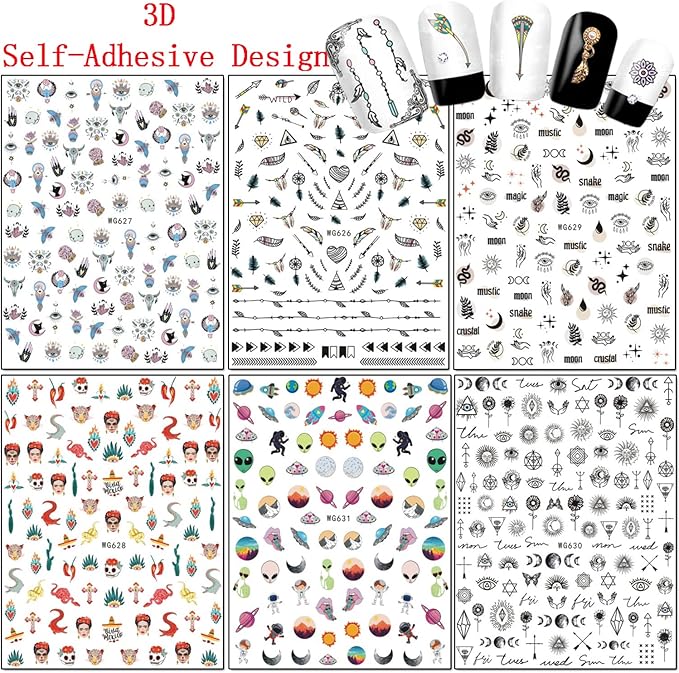 Ancient Tribe Tribal Totem Feather Alien Moon Star Eyes Skull Nail Sticker, 3D Indian Self-Adhesive Nail Art Decals Design for Women Girls Manicure Charms Decorations
