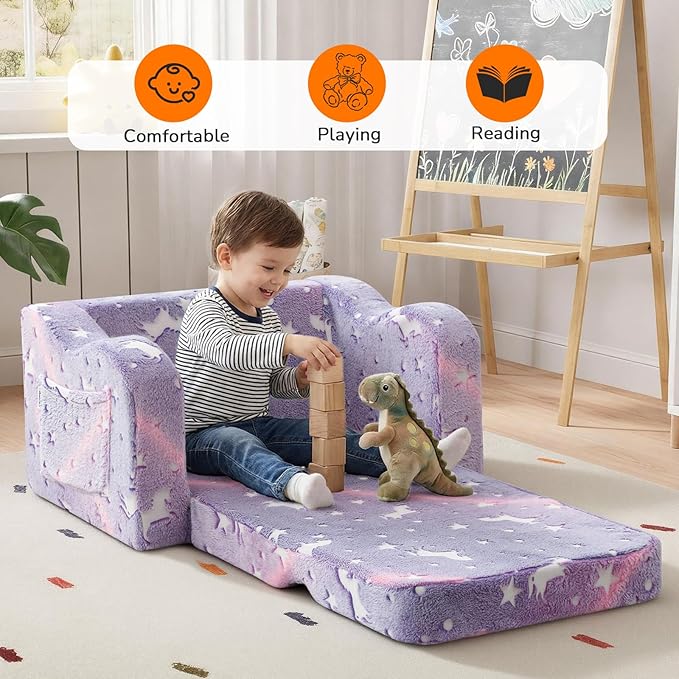 MeMoreCool Glowing Lavender Unicorn Kids Chair, 2-in-1 Convertible Kids Couch with Glow-in-the-Dark Purple Unicorn Design, Fold-Out Foam Sofa for Girls Ages 1-3, Washable Cover, Playroom Lounger | Reading, Relaxing