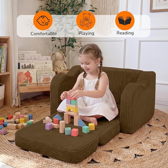 MeMoreCool Toddler Couch, 2-in-1 Corduroy Kids Couch Fold Out to Lounger, Comfy Toddler Chair for 1-3 Year Old, Soft Foam Kids Sofa with Washable Cover for Playroom and Bedroom, Brown