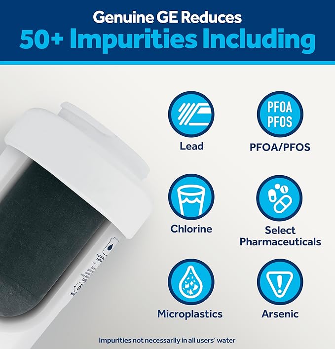 GE MWF™ Refrigerator Water Filter, Genuine Replacement Filter, Certified to Reduce Lead, Microplastics, PFOA/PFOS, and 50+ Other Impurities, Compatible with GE Appliances Brands, Pack of 2