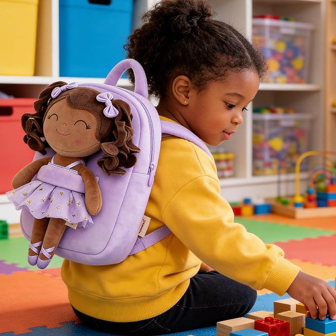 Gloveleya Toddler Backpack Baby Ballerina Girl Gifts Plush Curly Hair Ballet Backpack - Black Purple 9 inches
