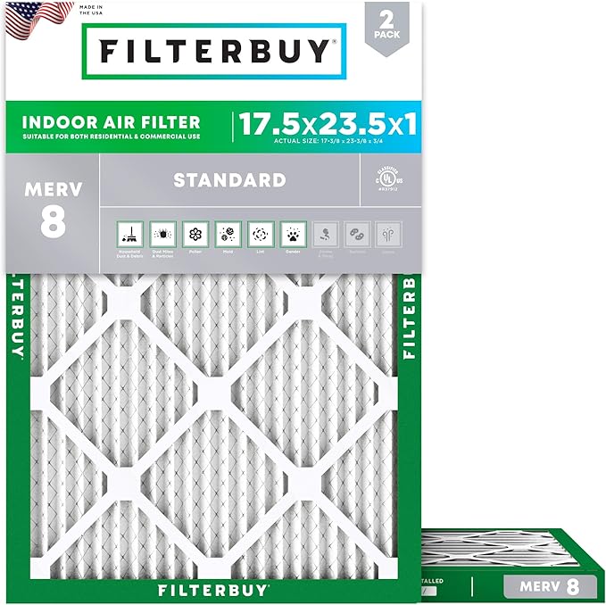 Filterbuy 17.5x23.5x1 Air Filter MERV 8 Essential Dust & Allergy Defense (2-Pack), Electrostatic Pleated HVAC AC Furnace Filters Replacement (Actual Size: 17.38 x 23.38 x 0.75)