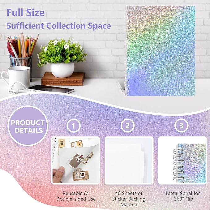 DHATMYC Large Reusable Sticker Book Collecting Album 8.5 x 11 Inch Sticker Storage Organizer Collection Notebook with 40 Sheets Full Size Blank Release Paper and Holographic Cover