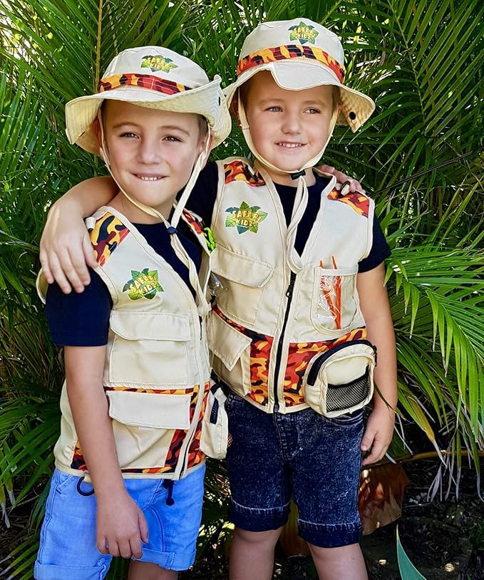 Safari Kidz Outdoor Explorer Kit - Orange and Pink Camouflage Cargo Vest and Hat Set, Backyard Nature Adventures, Washable Costume for children, Bundle (4 items)