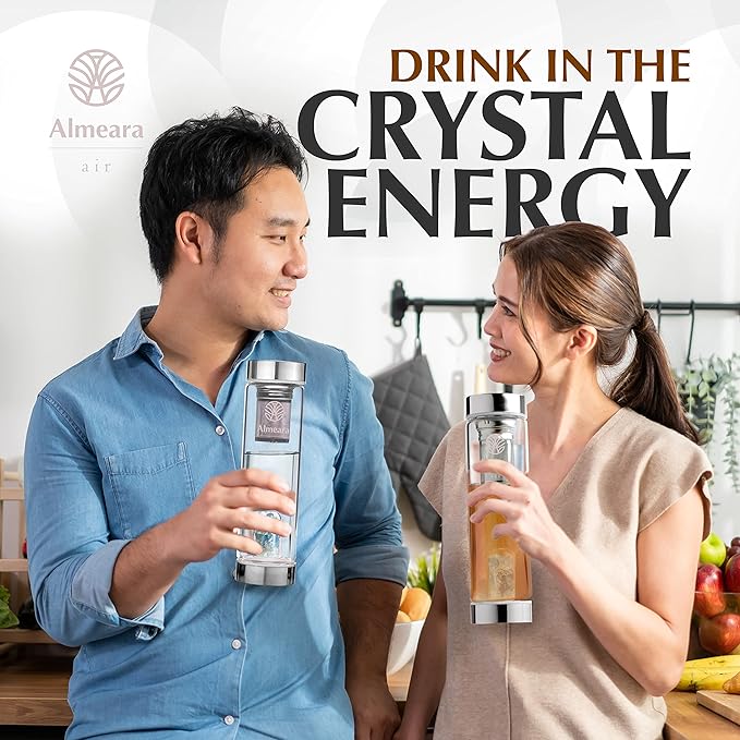 Almeara Crystal Water Bottle with Authentic Aquamarine Stones and Clear Quartz Removable Gemstones, Loose Leaf Tea Infuser - Relaxation, Healing & Spiritual Gifts for Women - Witchcraft Supplies