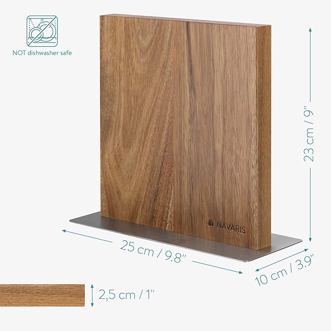 Navaris Magnetic Wooden Knife Block - Kitchen Storage with Strong Magnets for Knives & Utensils - Simple Modern Utensil Holder in Acacia Wood - 8.9" x 8.7"