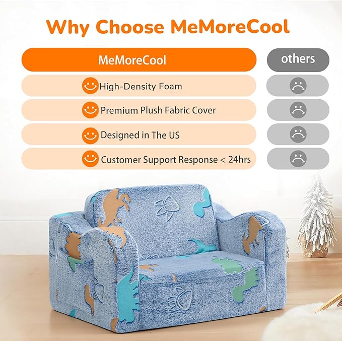 MeMoreCool Glowing Dinosaur Kids Chair, Glow-in-the-Dark Kids Couch for Boys Ages 1-3, 2-in-1 Convertible Fold-Out Sofa with Soft Foam and Washable Cover for Playroom and Reading | Living Room, Travel