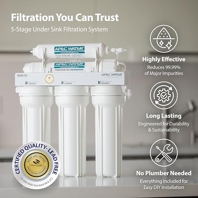 APEC Water 5-Stage Under Sink Reverse Osmosis Water Filter System, ROES-50 Essence Series, WQA Certified, 50 GPD, Reduces 99.99% of Contaminants, Home Water Filtration, DIY Install