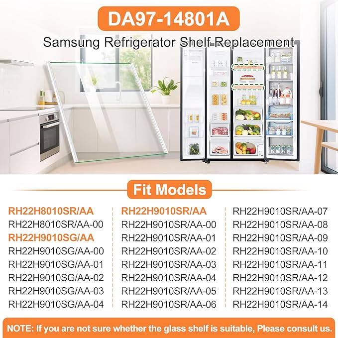 Upgraded DA97-14801A Refrigerator Glass Shelf Compatible with Samsung Fridge Shelf Replacement RH22H9010SR RH22H9010SG Upper Shelves Tempered Glass Samsung Refrigerator Parts Glass Shelves 17.7x13.3