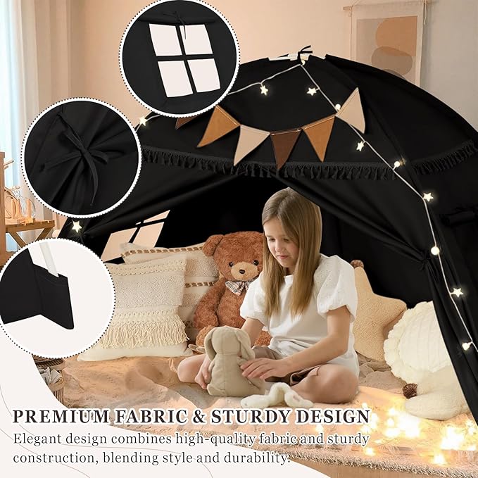 Full Size Bed Tent Canopy, Kids Play Tent with Flags & Star Lights, Canopy on Bed Privacy Space Sleeping Blackout Tents, Indoor Breathable Portable & Foldable, XL-Large Black Tassels Style