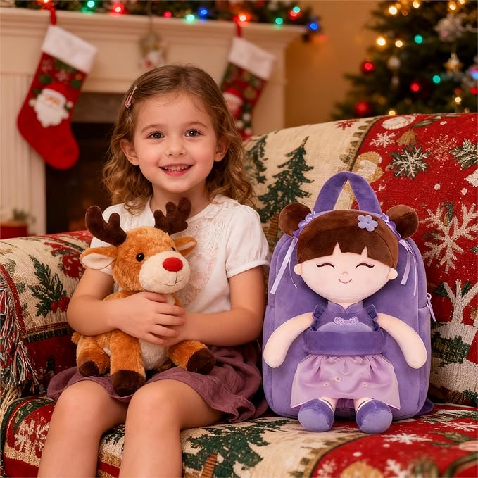 Gloveleya Back to School Gifts for Girls Kids Backpack Toddler Backpack Soft Plush Asian Girl Doll Backpacks Purple 9"