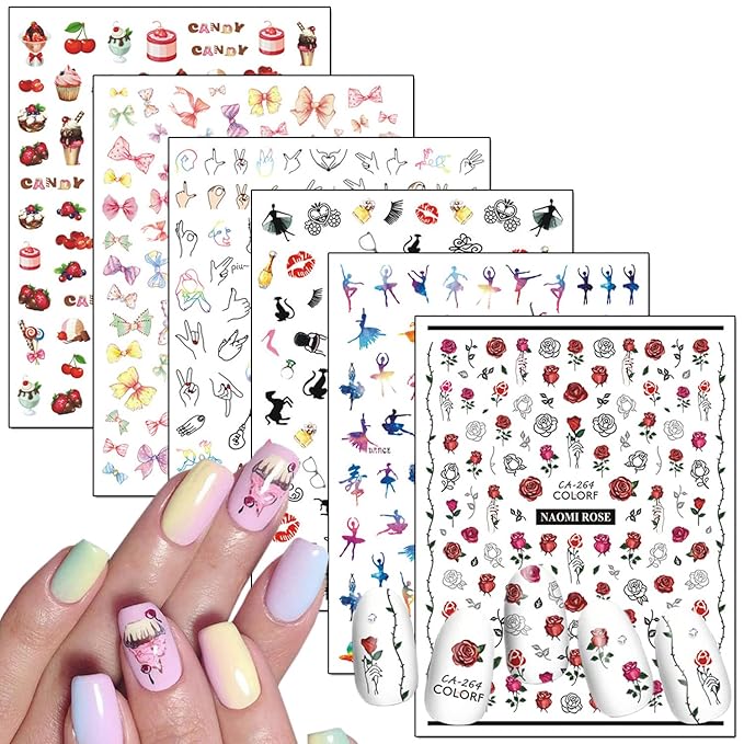 Nail Art Adhesive Sticker Holographic Cake Candy Rose Bow-knot Lips Ballet Gesture Nail Art Decals Design 3D Nail Art Supplies for Women Girls Manicure Tips Charms Decorations DIY Nail Decal(6 Sheets)